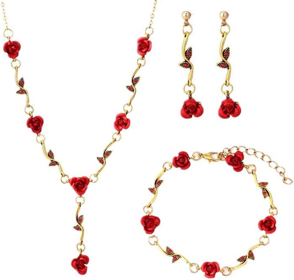 Rose Necklace Earrings Bracelet Set Red Flower Pendant Necklace Floral Rose Dangle Earrings Vintage Rose Bracelet for Women Rose Jewelry Gift