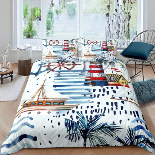Homemissing Garçon Fille Nautique décoration Housse de Couette Marin Bateau Ancre Gouvernail Parure de Lit 200x200cm thème océan Literie Set Feuille de Palmier Ocean...