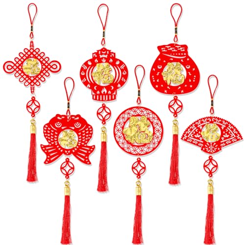 HOWAF 6pcs Oro Rosso Capodanno Cinese Addobbi Appendere Ornamento, Capodanno Cinese Nappa Nodo Cinese Pendenti Decorazioni Capodanno Cinese Auto Porta Finestra Parete Casa Addobbi