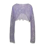 Inzegao Women Sheer Mesh Crop Top Tee Shiny Rhinestone See Through Long Sleeve Streetwear Blouse (Light Purple)