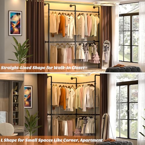 Aheaplus Industrial Pipe Clothing Rack, Reversible 6.75FT Clothes Rack for Hanging Clothes, Heavy Duty Garment Racks, Wall Mounted Closet Wardrobe Racks, Corner L Shaped Walk-in Closet System, Black by Aheaplus - Image 3