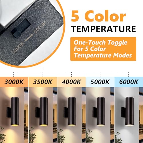 Image of DAKAFUL 5CCT Dimmable Wall Lights Outdoor 2 Packs, 3000K 5000K 6000K Integrated LED Cylinder Up Down Modern Aluminum Light, Waterproof Exterior Light for Porch Patio Door
