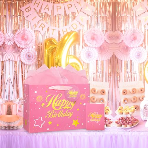 Pink Birthday Gift Bag for Women Girls Medium Happy Birthday Gift Bags with Tissue Paper Greeting Card and Gift Tag 30× 22× 12 cm - Image 6