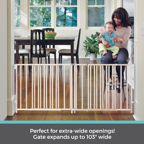Toddleroo by North States Extra Wide Swing Wooden Gate, Fits 60″- 103″ Wide. Hardware Mount. Extra Wide Baby Gate, Child Gates for Wide Openings. Made in USA (27″ Tall, Sustainable Hardwood) Toddleroo by North States Extra Wide Swing Wooden Gate, Fits 60″- 103″ Wide. Hardware Mount. Extra Wide Baby Gate, Child Gates for Wide Openings. Made in USA (27″ Tall, Sustainable Hardwood)