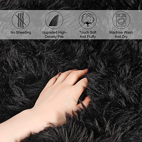 YIHAIC, Kunstfell, Teppich aus Schafsfell, dekorativ, lange Haare, Imitat aus Baumwolle, perfekt als Bettvorleger, Badezimmer-Teppich oder fürs Sofa 75 x 120cm Schwarz
