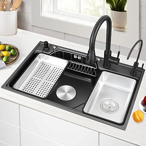 Fregadero de cocina nano, con grifo extraíble, escurridor de gran diámetro, fregadero de cocina para estación de trabajo con accesorios, para mejoras comerciales y del hogar (color: negro-gris B,