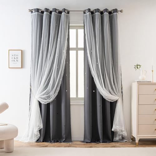 Image of Yancorp Grey Curtains for Bedroom Living Room Thermal Insulated Kids Curtain Hollow-Out Star Window Nursery Curtain 63 inches Length Room Darkening Grommet(Grey,34 * 63),1 Panel