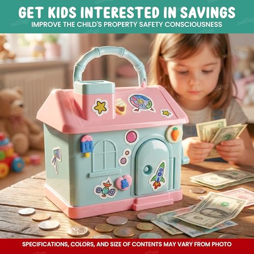 Image of Zest 4 Toyz Kids Piggy Bank with Key and Stickers Mini House Design Lockable Money Bank Portable Money Saving Box for Children Cute Design - Multi Color