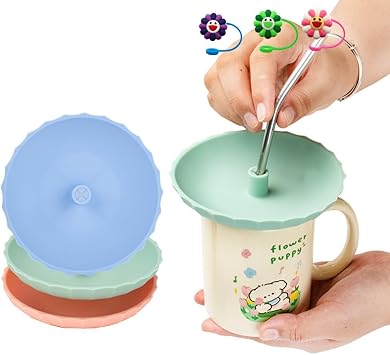 3-Pack Silicone Cup Cover with Straw Hole 3 Stainless Steel Straws -Reusable Proof Lid Mug Charcuterie Topper for Tumblers, Mugs & Glasses Fits 2.6"-3.8" Cups BPA-Free, Dishwasher & Microwave Safe