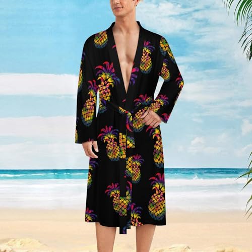 Rainbow Tie Dye Pineapple Mens Robe Soft Lightweight Knee Length Loungewear Spa Bathrobe Long Sleeved Nightgown2