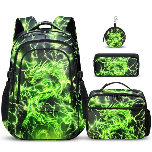 DEPEGET Boys Backpack with Lunch Box Set 4 PCS Green Dragon Backpack for Boys Elementary Bookbag Large Laptop School Backpack for Kids & Teens