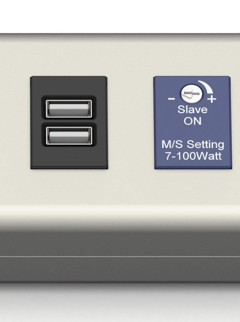 EHMANN 0616x0a048001 Master/Slave PRO Ciabatta elettrica in alluminio, 4 prese (1 Master, 3 Slave), 1 USB Slave, soglia di commutazione regolabile 7-100 Watt, cavo di alimentazione da 1,5 m