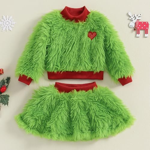 Toddler Baby Girl Christmas Outfit Green Furry Sweatshirt Tops Skirts Set Infant Fall Winter Christmas Clothes2