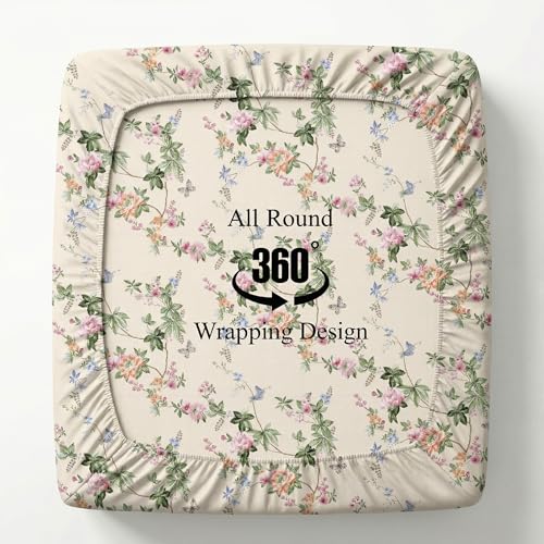 Image of VAS COLLECTIONS King Size Cotton Fitted Bedsheet (78 x 72 + 14 Inches) with Deep Pocket | 220 TC Soft Breathable Wrinkle Free Elastic Bed Sheet for King Mattress | (Floral)
