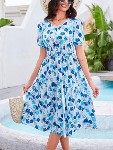 Image of Kormei Women Summer Casual Boho Floral Round Neck Short Sleeve Smocked Waist Tiered Flowy Swing Midi Dress XL Blue /Light Blue