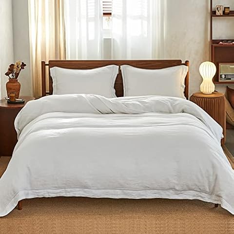 Simple&Opulence King Size Duvet Cover Sets,100% Linen,Cozy Breatherable Washed Linen Bedding with Embroidery Pillowcases,Quilt Cover with Button Closure,230cm x 220cm,White Cover