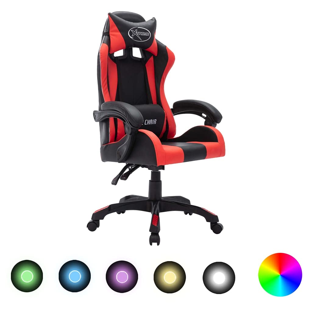vidaXL Silla Gaming con Luces LED RGB Giratoria Asiento Sillón Escritorio Videojuegos Oficina Despacho Ordenador Cuero Sintético Rojo y Negro