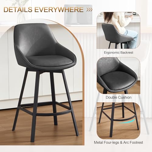 Image of Zesthouse Swivel Counter Height Stools Set of 2, Modern Upholstered Barstools with Backs, 26'' Faux Leather High Chairs for Island Kitchen, Counter Height Chairs with Metal Legs, Dark Grey