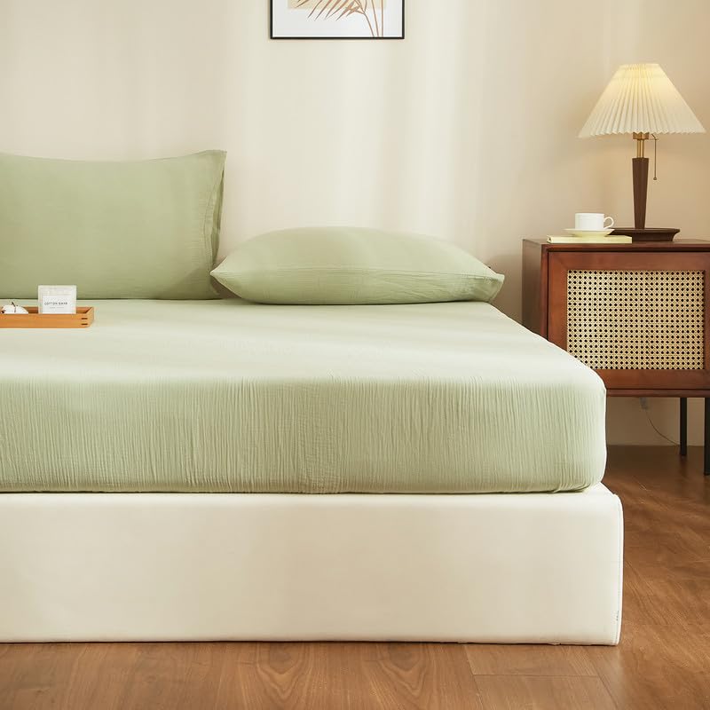Gezu Muslin Fitted Sheet 140 x 200 cm Green 100% Cotton Made of Breathable Material Temperature Regulating Double Muslin Bed Sheet 140 x 200 cm for High Mattresses up to 15-30 cm - Image 4