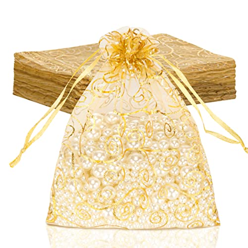 Image of Staruby Organza Gift Bags 50 Pcs Gold Sheer Organza Bag 6x8 Inch Mesh Favor Bags Drawstring Jewelry Rattan Printed Gift Pouches for Wedding Party Favors Couple Shower Christmas Gifts Candy Bags