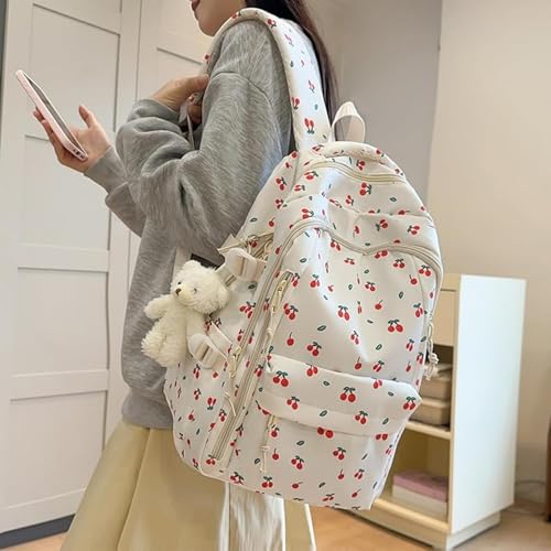 Coquette Backpack - Cute Aesthetic Backpack Kawaii Daypack, Strawberry Rucksacks with Bear Pendant (E)3