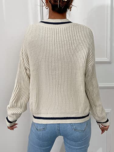 Oyoangle Women's Ribbed Knit Preppy Sweater Long Sleeve V Neck Drop Shoulder Top Beige S #TOP1