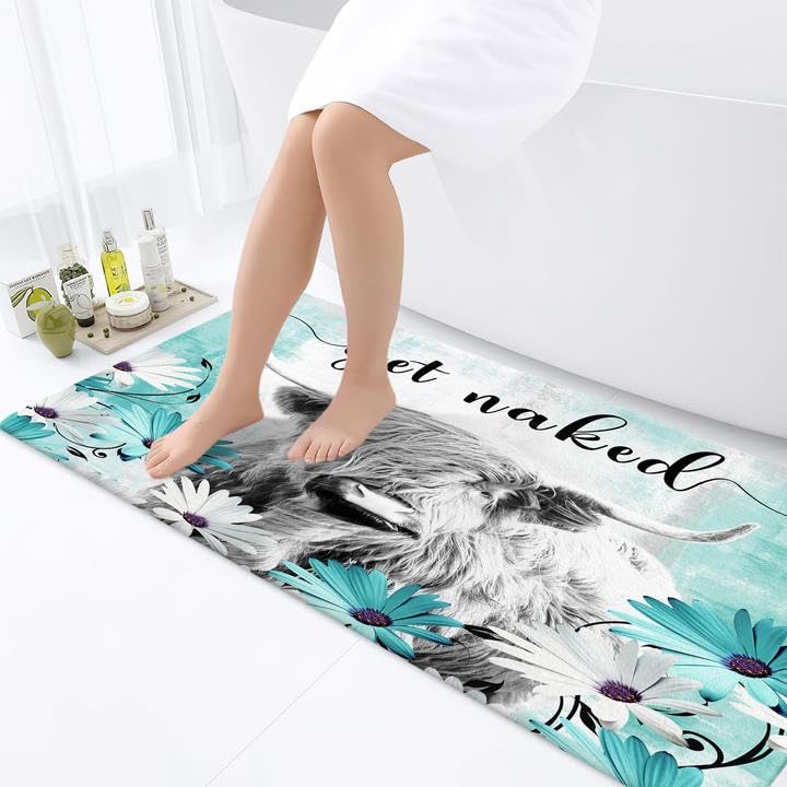 Bcsewcg Get Naked Bath Mat for Bathroom, Farmhouse Highland Cow Non-Slip Bathroom Rug,Teal Floral Western Cow Bath Mat,Bathroom Accessories
