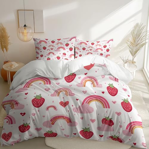 Juego de Ropa de Cama de 3 Piezas, Microfibra Suave Dibujos Animados Fresa Corazón De Amor Estampada Blanco Fundas de edredón con Cierre de Cremallera, para Adultos y Adolescentes, 200 x 200 cm