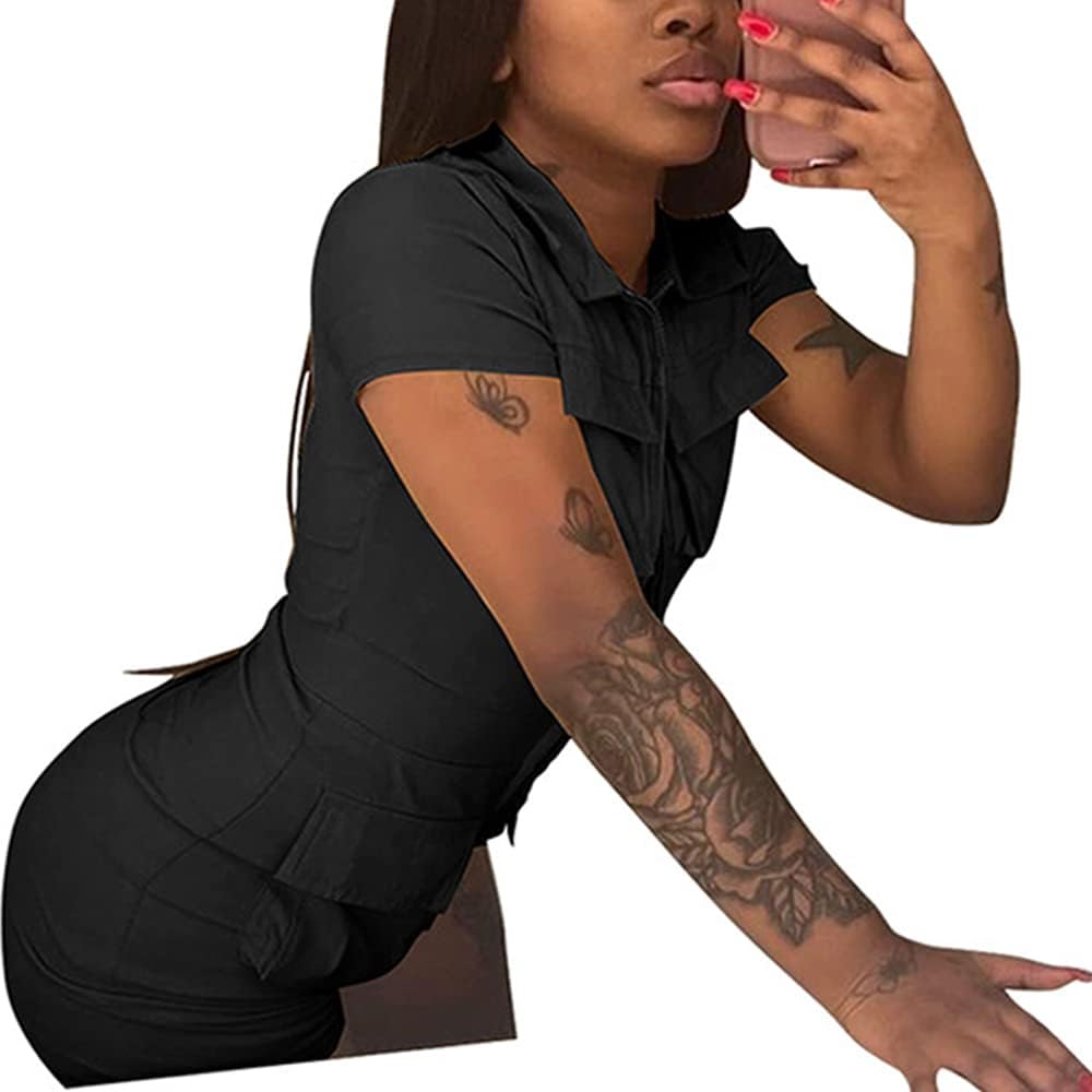 Women Sexy Zip up Jumpsuits Lapel Neck Short Sleeve Bodycon Shorts Romper with Pockets - Image 2