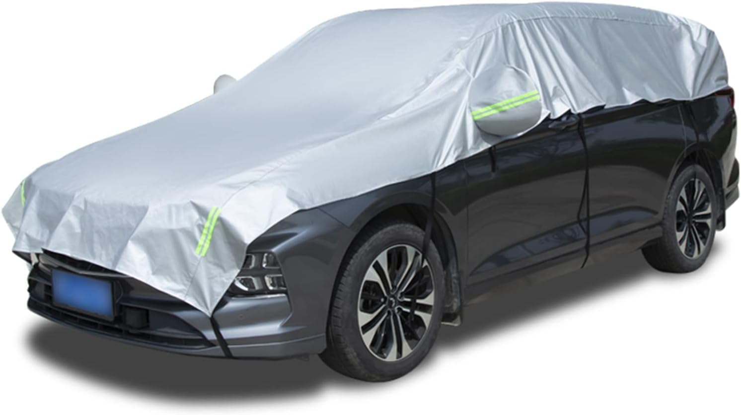 Telo Copriauto Impermeabile Invernale Esterno, Mezza Copertura per Auto con Strisce Riflettenti e Corde Antivento, Mezzo Telo Auto Resistente a Polvere, Graffi, Neve, Universal (SUV)