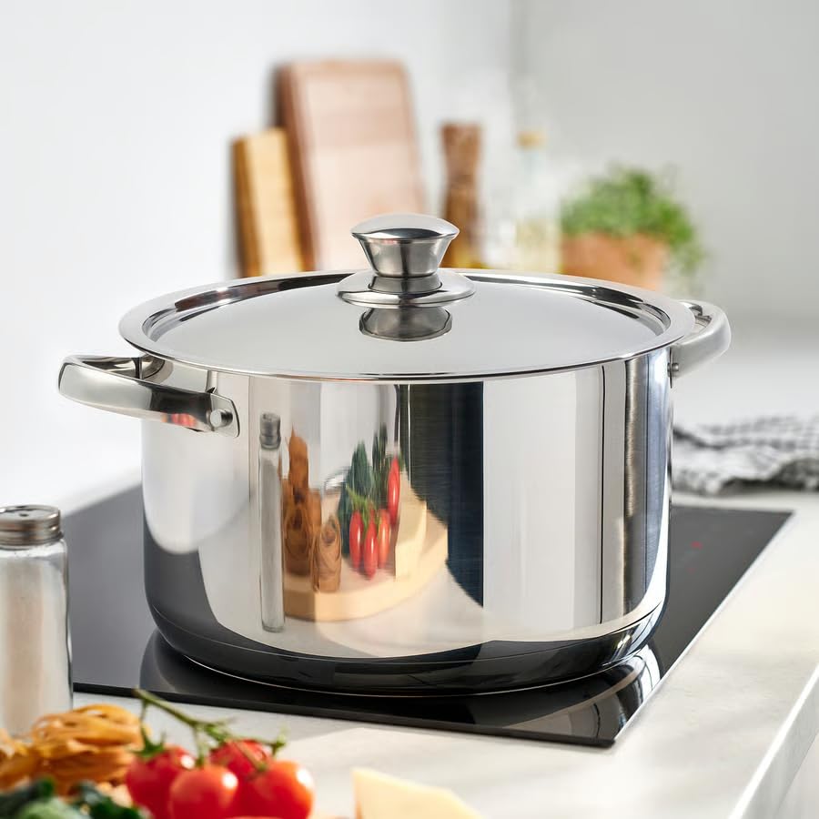 Image of DVARGKRAFTA Stainless Steel Pot with Lid, 5.5 L, Induction Compatible, Thick Aluminium Base, 24 cm Diameter, Stackable Design, Gas Hob Compatible