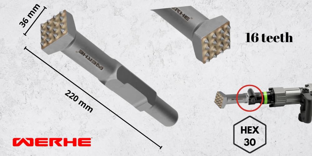 WERHE® Bocciardatore HEX30 – 16 denti, 220 mm – Robusto utensile a scalpello per la lavorazione del calcestruzzo – quadrato