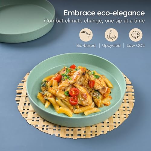 Image of Eha Earth Friendly Verde Round Plates | Set of 4 | 8 inch | Made with Rice Husk Biocomposite | Breakfast Plates | Unbreakable Dinner Plates Set | Microwave Safe | Celeste