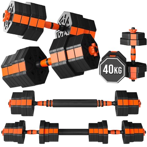 ManiBoom Pesas y Mancuernas Ajustables ANTIDESLIZANTES - Mancuernas 10kg 15kg 20kg 30kg 40kg 50kg Hexagonales con Barra Regulables y Cierre de SEGURIDAD - Kit de Ejercicio (40 KG Naranja)