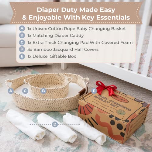 Kiddo Vibes Baby Changing Basket Set W/Comfy Fluted Pad, 3 Waterproof Bamboo Jacquard Covers & Large Matching Diaper Caddy, Reinforced Cotton Rope Moses Basket W/Built-In Safety Belt Cpsc Compliant #TOP1