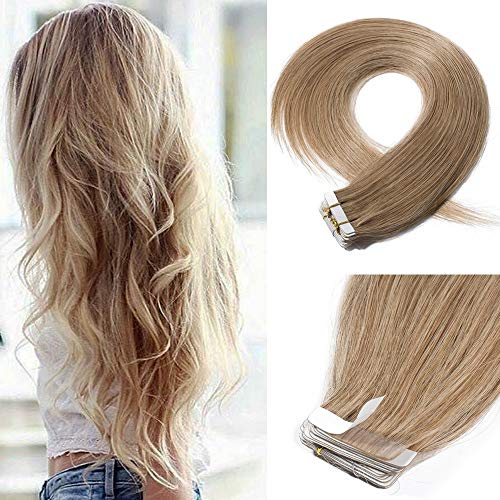 14 Inch 80g Tape in Hair Extensions Remy Human Hair 40pcs #27 Dark Blonde Straight Hair Seamless Skin Weft Glue in Hairpieces Invisible Double Sided Tape
