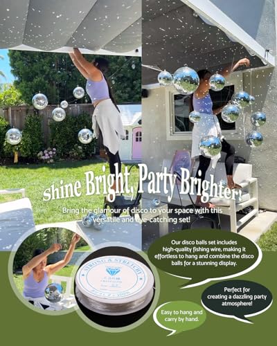 Youdepot 22PCS Mirror Disco Balls Set with 10m Fishing Line – Assorted Sizes Hanging Mini Silver Balls for Party, Wedding, Cake Toppers, Room & Classroom Decor