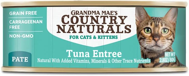Grandma Mae's Country Naturals - Caja de 24 latas de atún paté sin cereales para gatos, 2.8 onzas cada una, fórmula urística