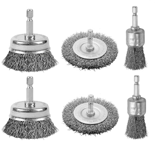 ROZZLOOM Cepillo de alambre de 2 pulgadas, cepillo de rueda, juego de cepillos de bolígrafo de 1 pulgada para taladro, 6 cepillos de alambre abrasivo con vástago hexagonal de 1/4 pulgadas, cepillo de