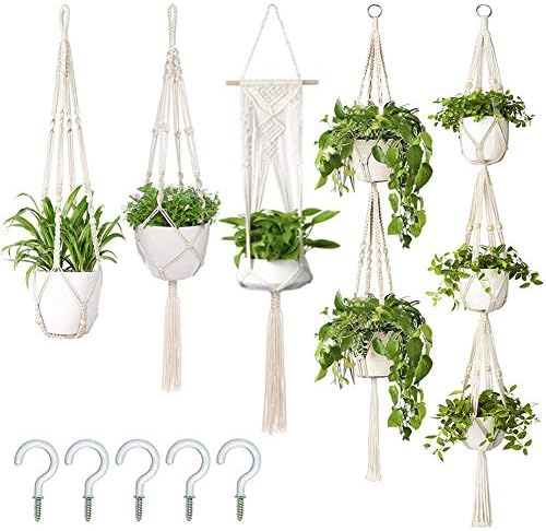 AerWo 5 Pack Macrame Plant Hanger Outdoor Indoor Hanging Planters + 5 Hooks, Hanging Plant Holder Basket Decorative Macromay Plant Hanger for Boho Home Decor ( Different Tiers, 5 Sizes )