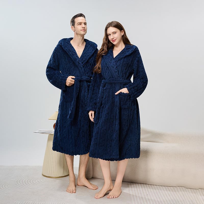 Mens Soft Robes for Men, Fleece Warm Long Bathrobe for Bath Shower Spa Flannel Hoodies Unisex Sleepwear Pajamas3