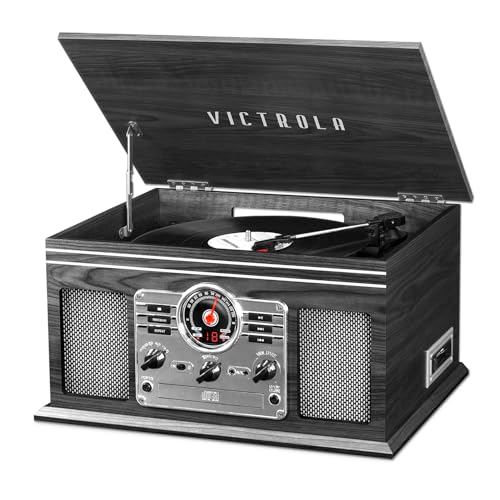 Victrola The Quincy Tourne-Disque Bluetooth 6 en 1 et Centre multimédia avec Haut-parleurs intégrés - Tourne-Disque à 3 Vitesses, Lecteur CD et Cassette, Radio...