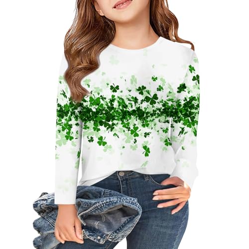 Girls St Patricks Day Shirts Kids Long Sleeve Crewneck T-Shirts 2024 Trendy Cute Shamrock Tops Basic Tees 3-12 Years