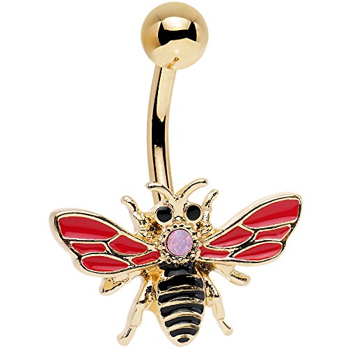 Body Candy Gold PVD Steel Pink Black Accent Black Red Buzzy Bee Belly Button Ring