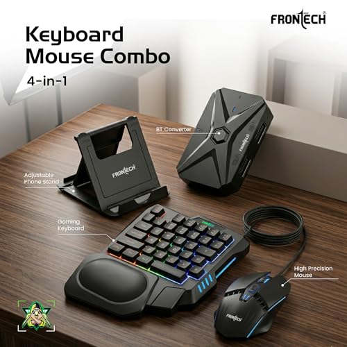 Image of Frontech 4-in-1 Gaming Combo | RGB 35-Key Keyboard + 3200 DPI Mouse + BT 5.4 Converter + Foldable Mobile Holder | Anti-Ghosting | Wired Setup for Android Gaming (KB-0008PC)