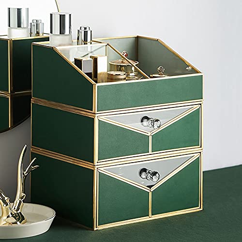 Almacenamiento organizador de maquillaje Gabinete de cuero con espejo de cristal for el cuidado de la piel, cosméticos, joyería, Perfume, tocador, mesita de noche, caja de almacenamiento de escritorio