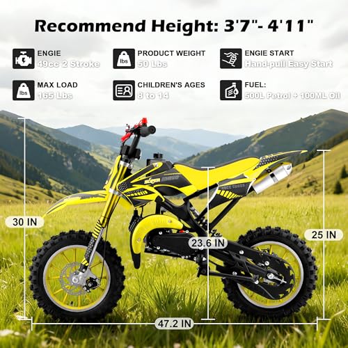 Image of 50cc Dirt Bike, 2 Stroke Gas Mini Bike for Kids 8-14 with Front Rear Disc Brakes, 10 Inch Off-Road Tires, Shock Absorption, Seat Height 23.6in, Max Speed 40mph, 2026 Upgraded,Yellow