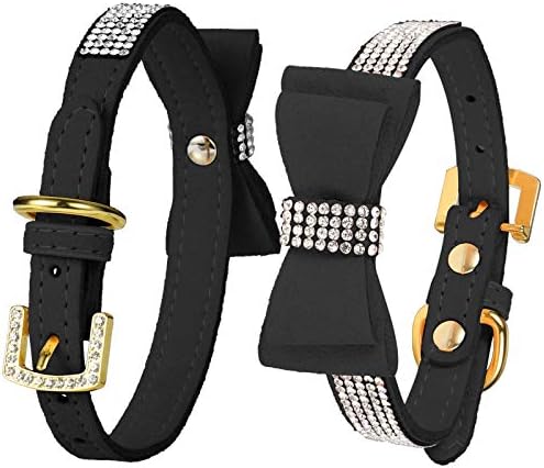LOVPE Dog Collar/Cat Collar Crystal Velvet Leather with Bow-knot Tie Rhinestone Collars for Puppy/kitten Small Dogs&Cats (S(Neck for:10-13 Inch), Pink)
