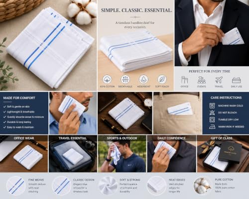 Image of Men's Cotton Handkerchief, White with Blue Stripes