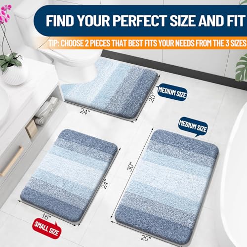 OLANLY Bathroom Rug Set 2 Piece, Soft Absorbent Microfiber Bath Mats and U-Shaped Contour Toilet Rug, Non-Slip, Machine Wash Dry, Plush Shaggy Bath Mats for Bathroom (24"x16"+24"x20", Blue)